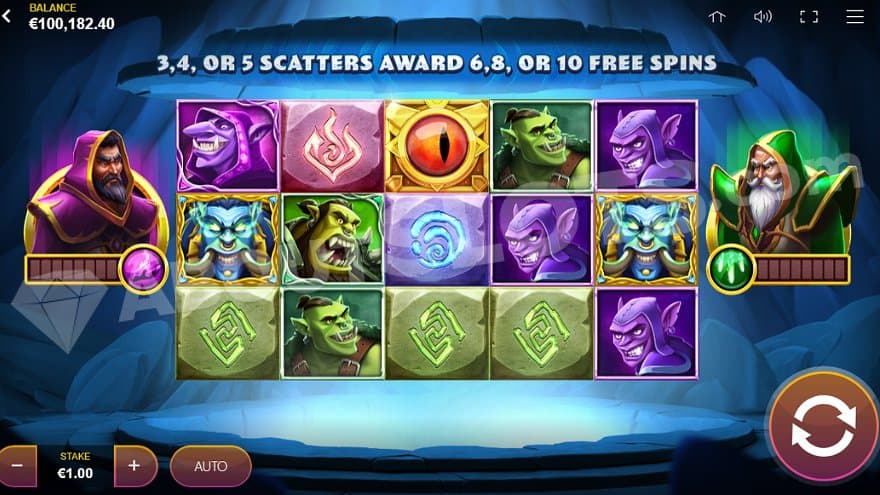 A casino slot with two wizards on the sides of the reels.