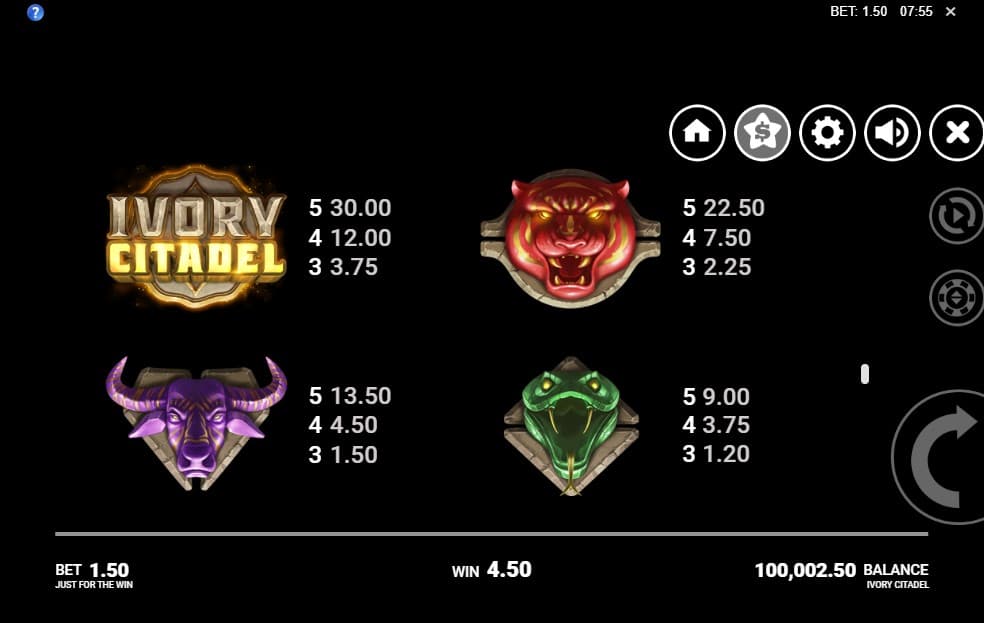 Ivory Citadel Slot Paytable