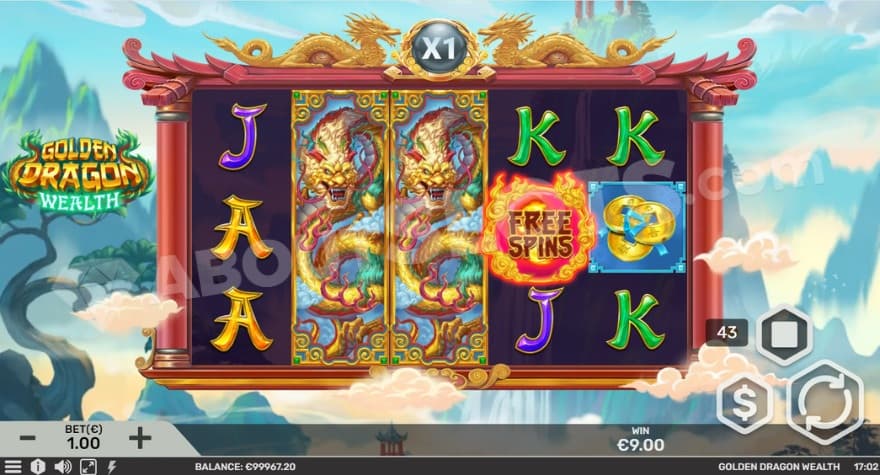 Two expanded dragon wilds being present on the second and third reels.