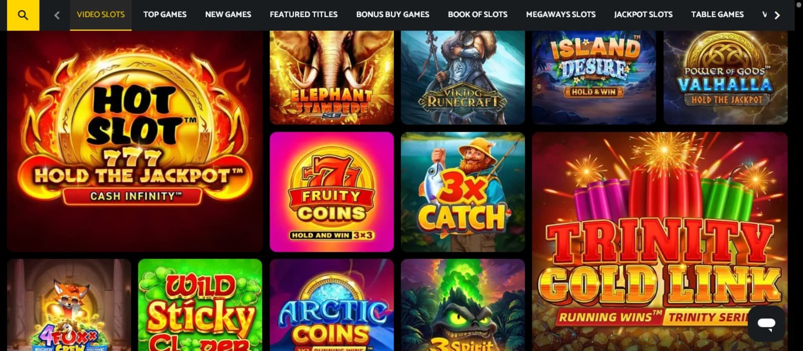 PalmSlots Casino games page with the colorful slot game icons and top game category menus of the casino
