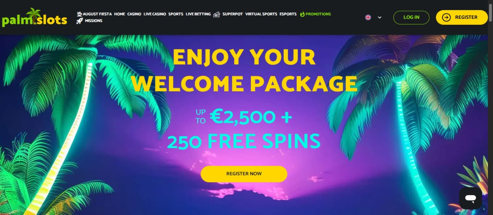 PalmSlots Casino landing page with the welcome bonus offer banner displaying a beach scene with palm trees and top navigation menus