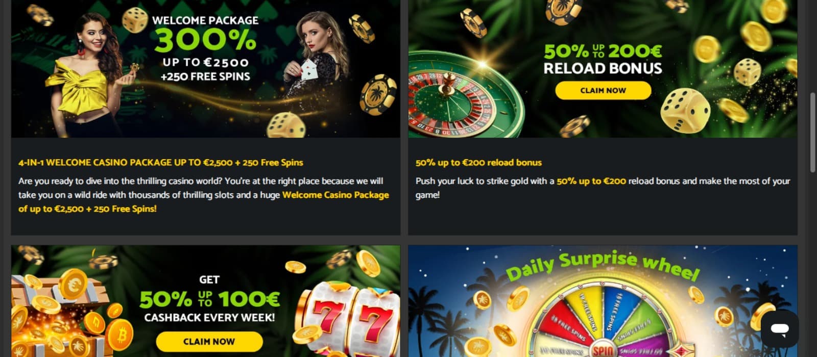 PalmSlots Casino promotions page with the various casino bonus promotions banners and its descriptions along with various casino related images on the banners
