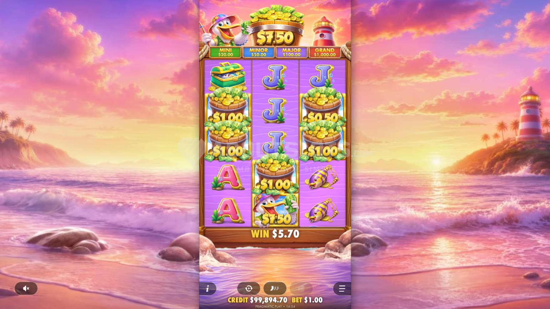 The sun sets and a money pot appears during the bonus game