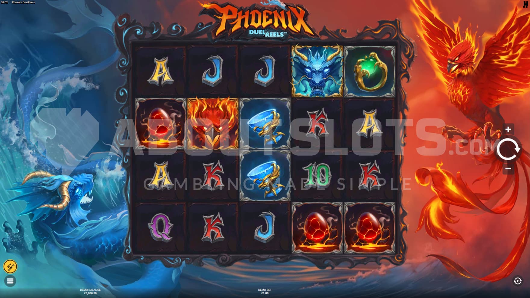 The Water Dragon and Phoenix sit in the background of the playing grid