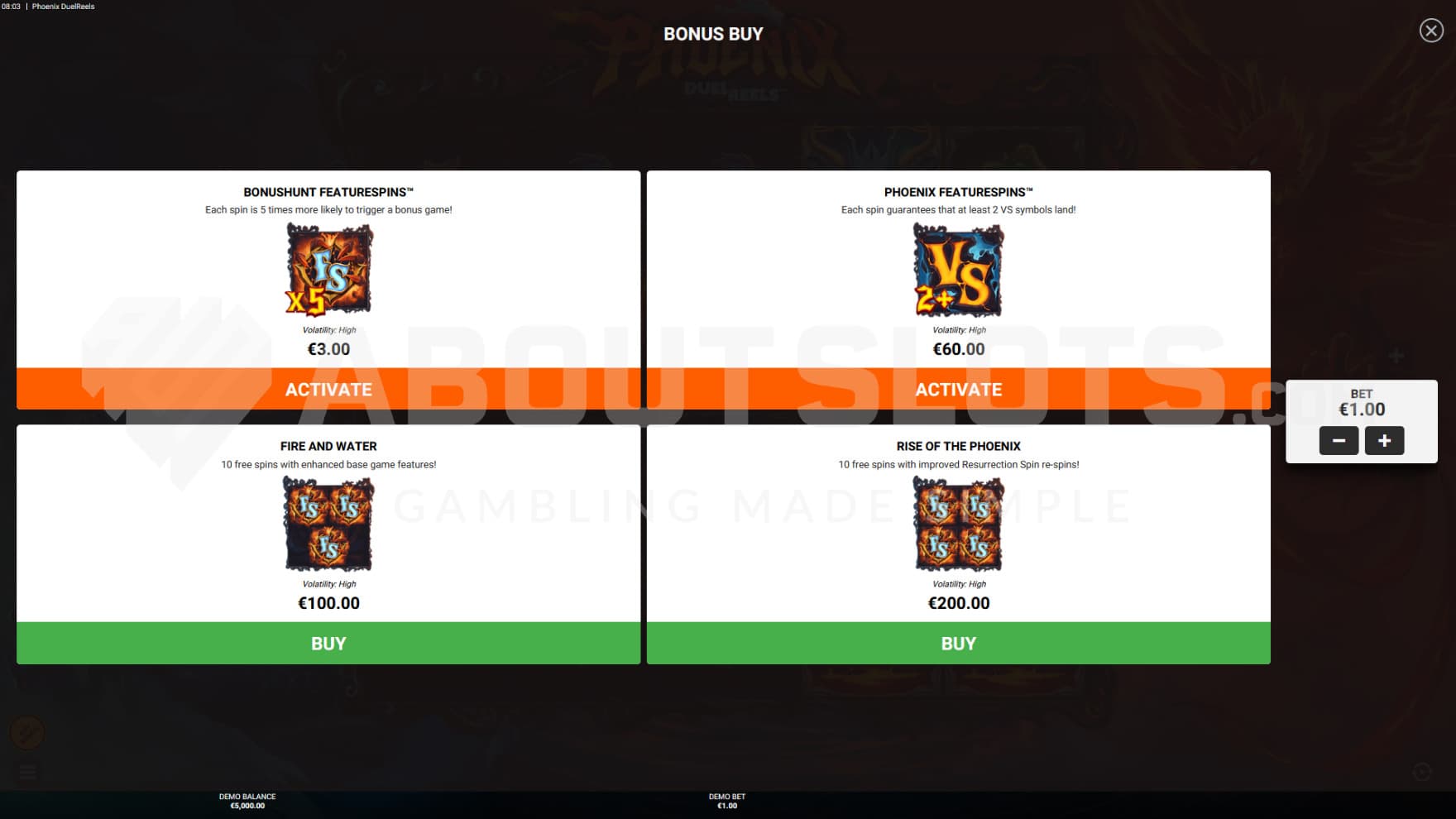 The Feature Buy option screen sits infront of the playing grid