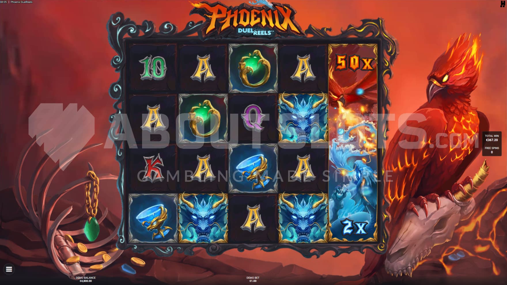 The Phoenix sits to the right of the playing grid, on top of the Water Dragon's skeleton