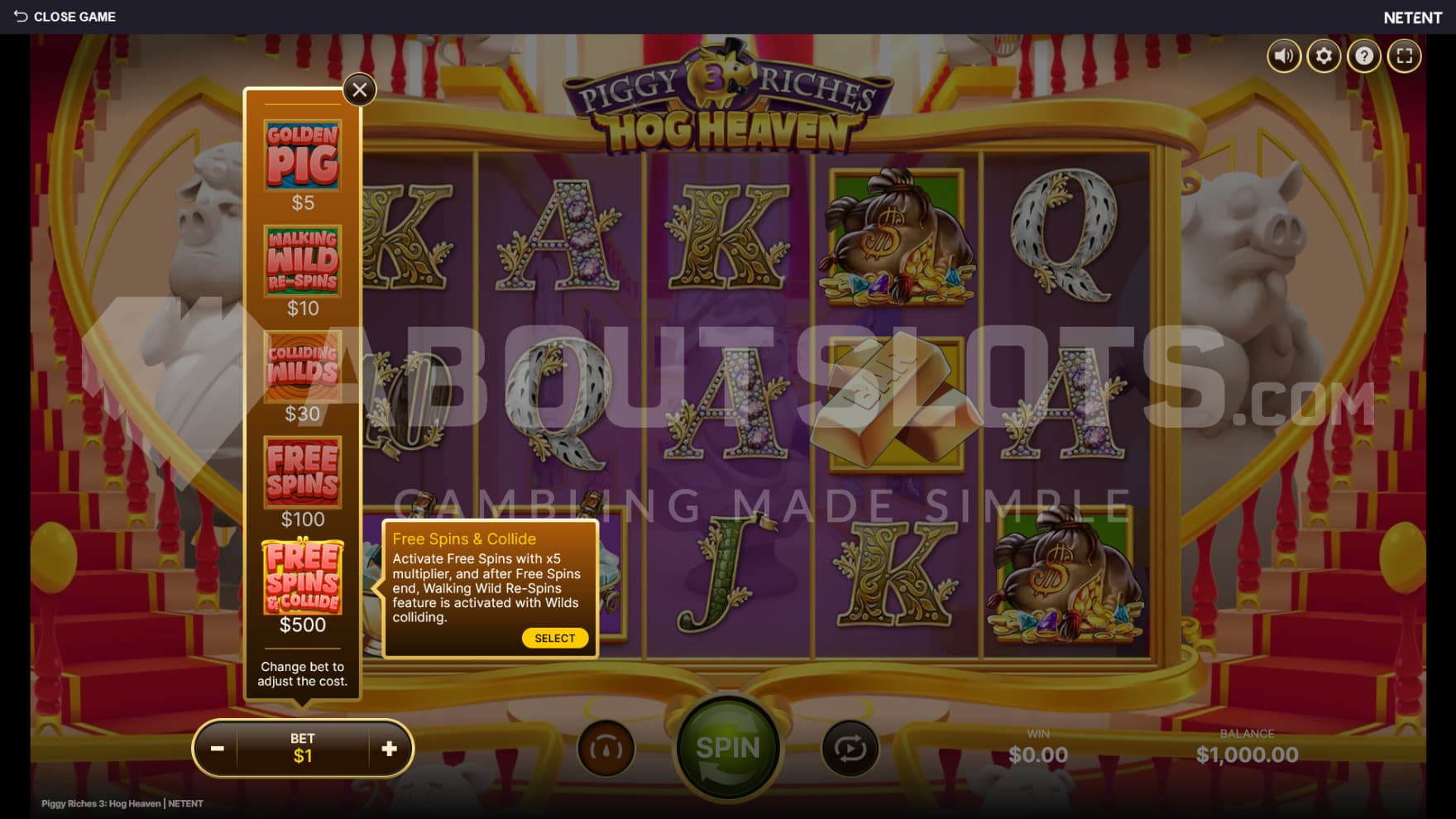 5 different Feature Buy Options pop out of the side