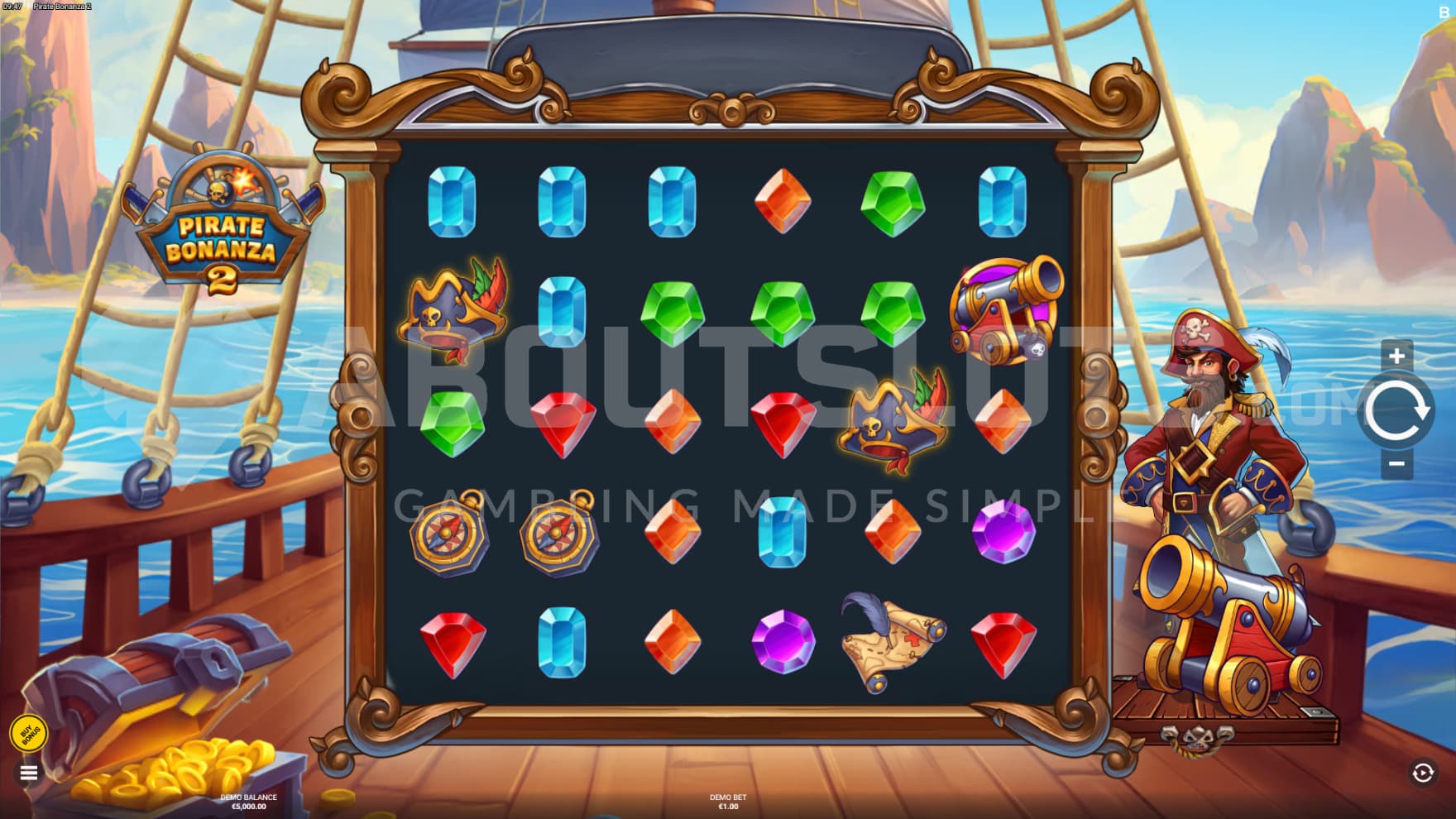 The game is played on the deck of a ship, with the captain standing next to the reels with his trusted cannon