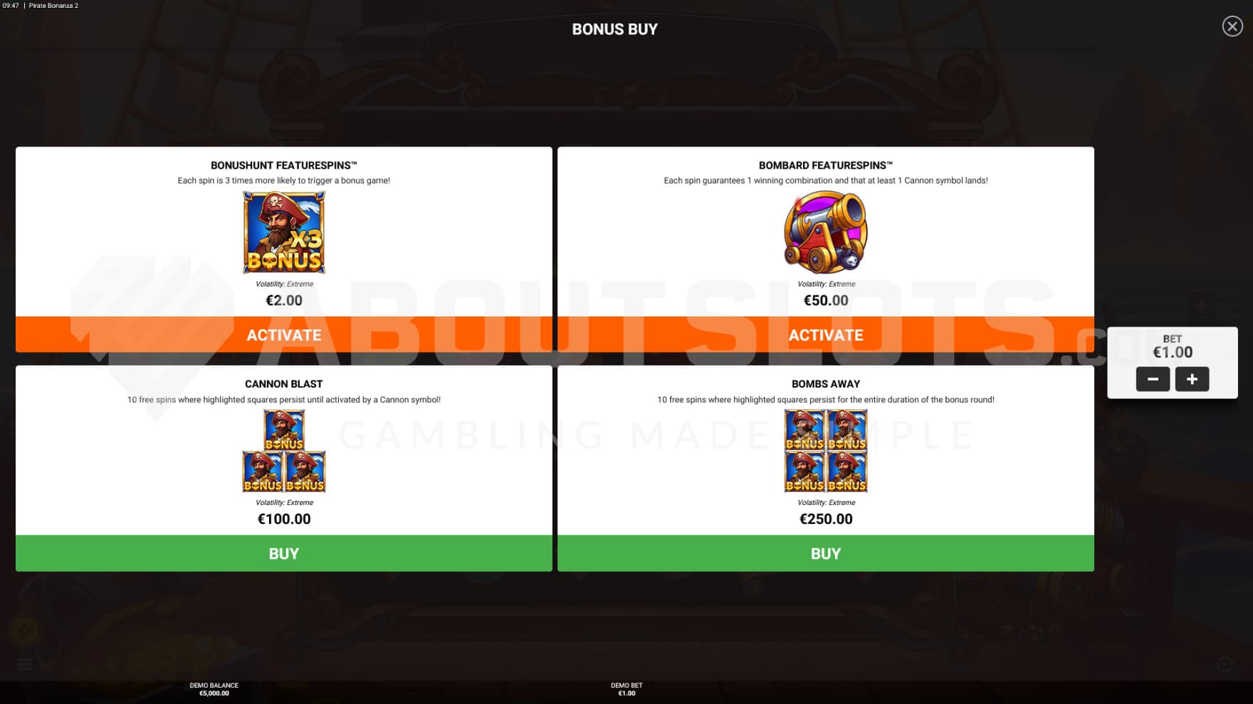 Four different feature buy options pop out infront of the playing grid