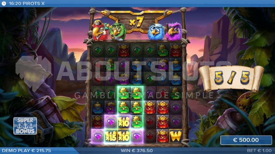 The playing grid with the Super Free Spins active with the sun going down the horizon in the background