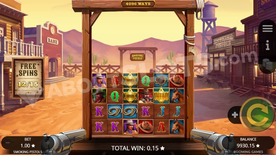 Free Spins bonus game where you can glimpse a bank to the left.