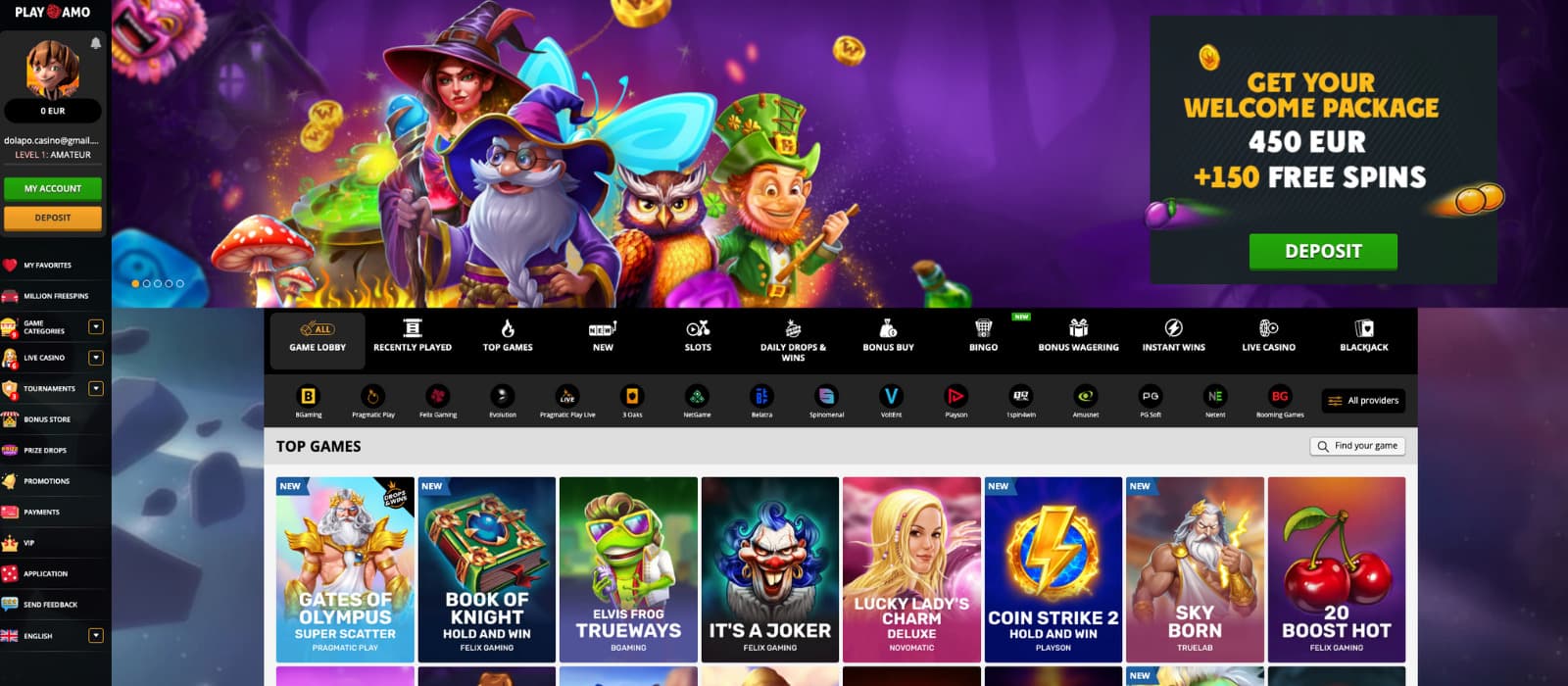 PlayAmo Casino landing page displaying the welcome offer banner, animated characters, and quick navigation to top games and categories.
