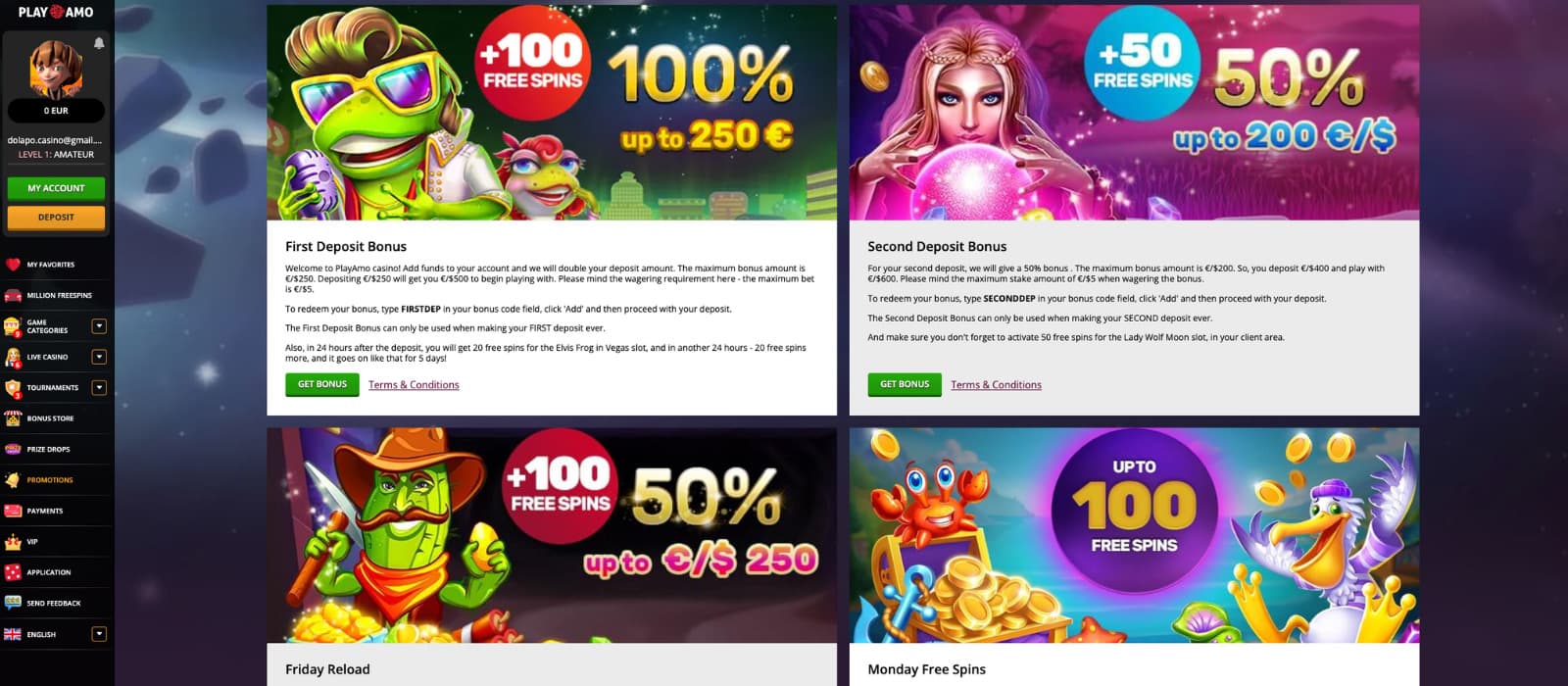 PlayAmo Casino promotions page featuring deposit bonuses, Friday reload offers, and Monday free spins with vibrant artwork and cartoon characters.