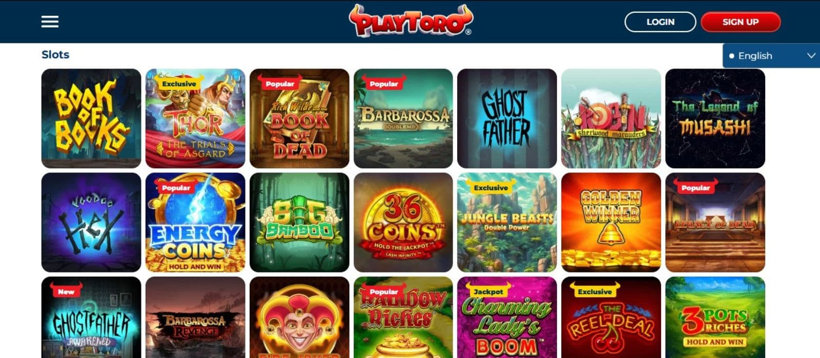 PlayToro Casino's slot games category, showing exciting games such as Book of Books and other intriguing titles.
