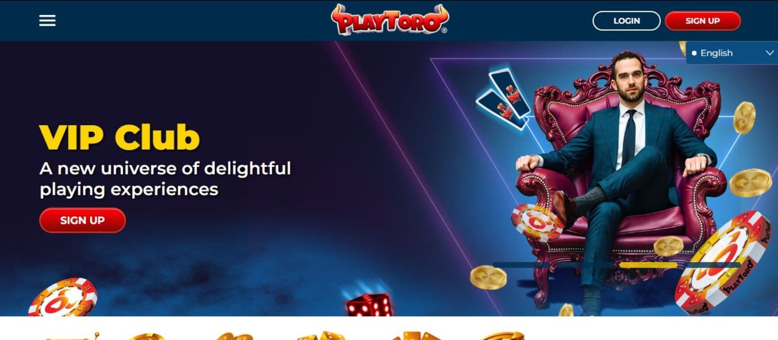 PlayToro Casino's homepage, showing the VIP club and a VIP game avatar.
