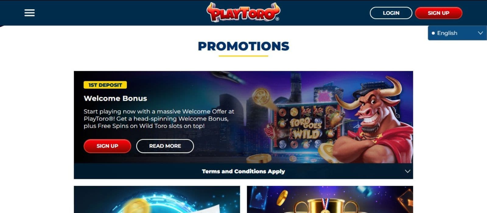 PlayToro Casino's promotions page, showing the welcome bonus.