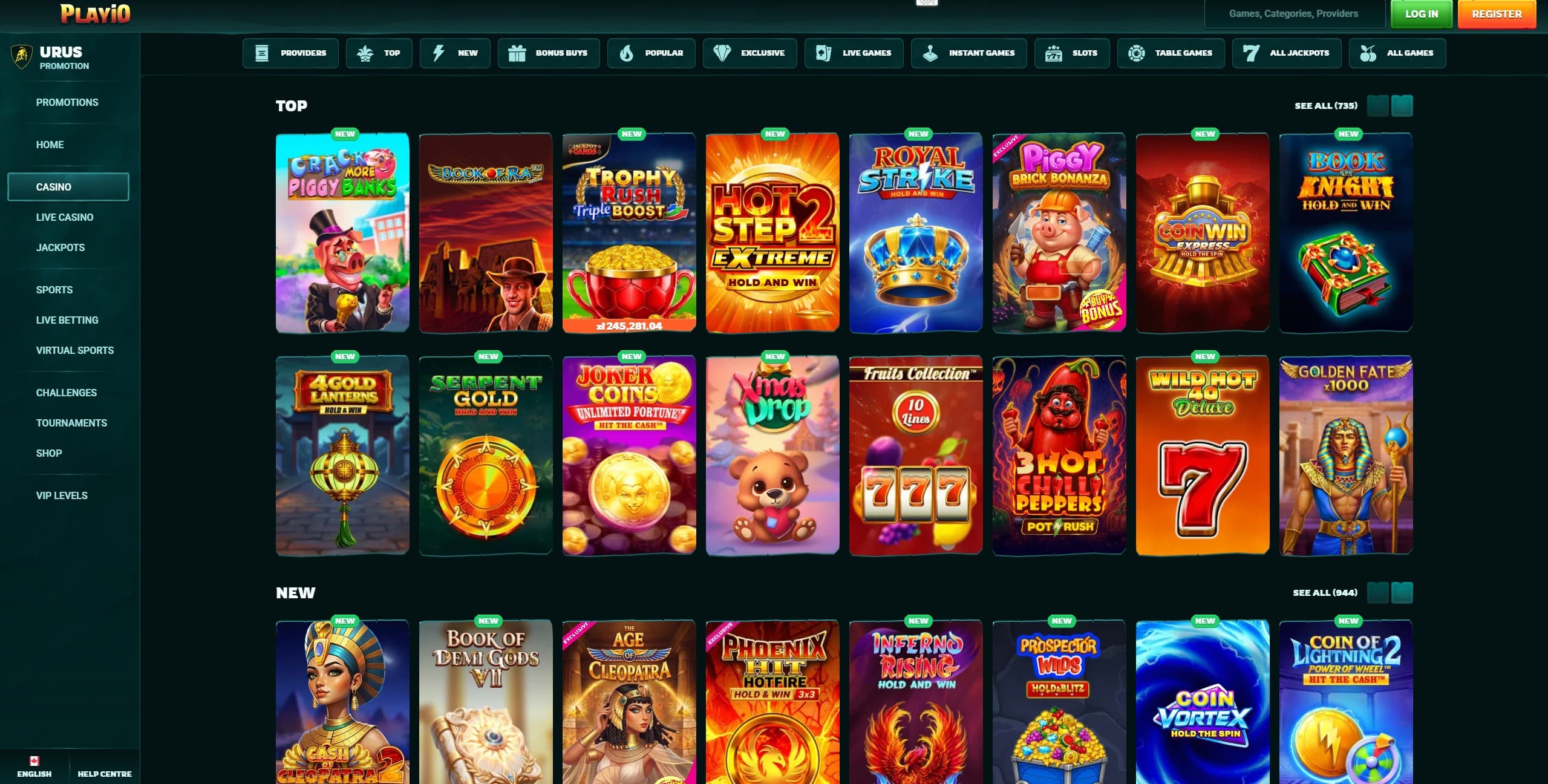 Playio Games Page with a few selected slot games