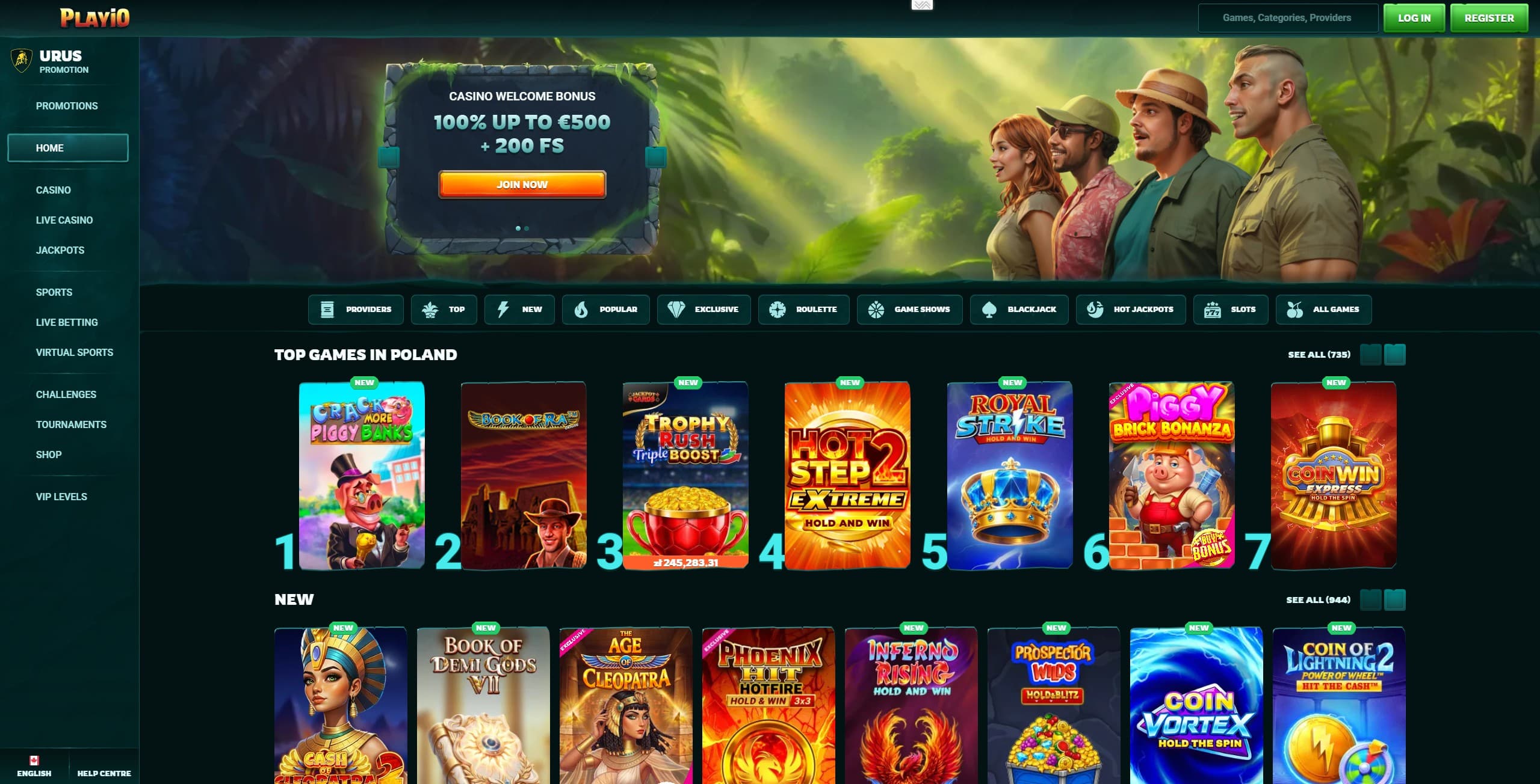 Playio Landing Page showing the main menu, bonus offer and a few selected games