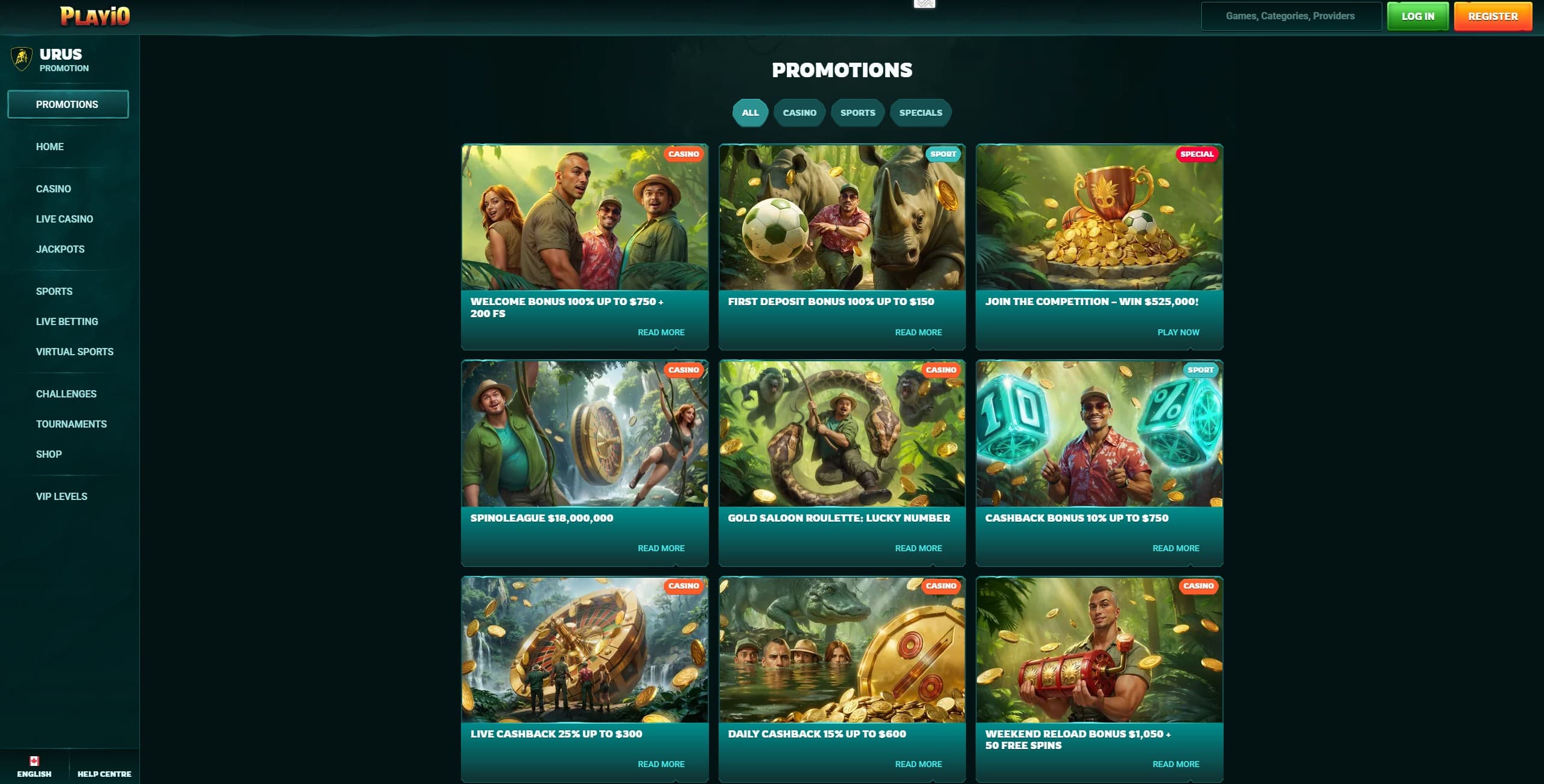 Playio Promotions Page showing the available bonuses and promotions