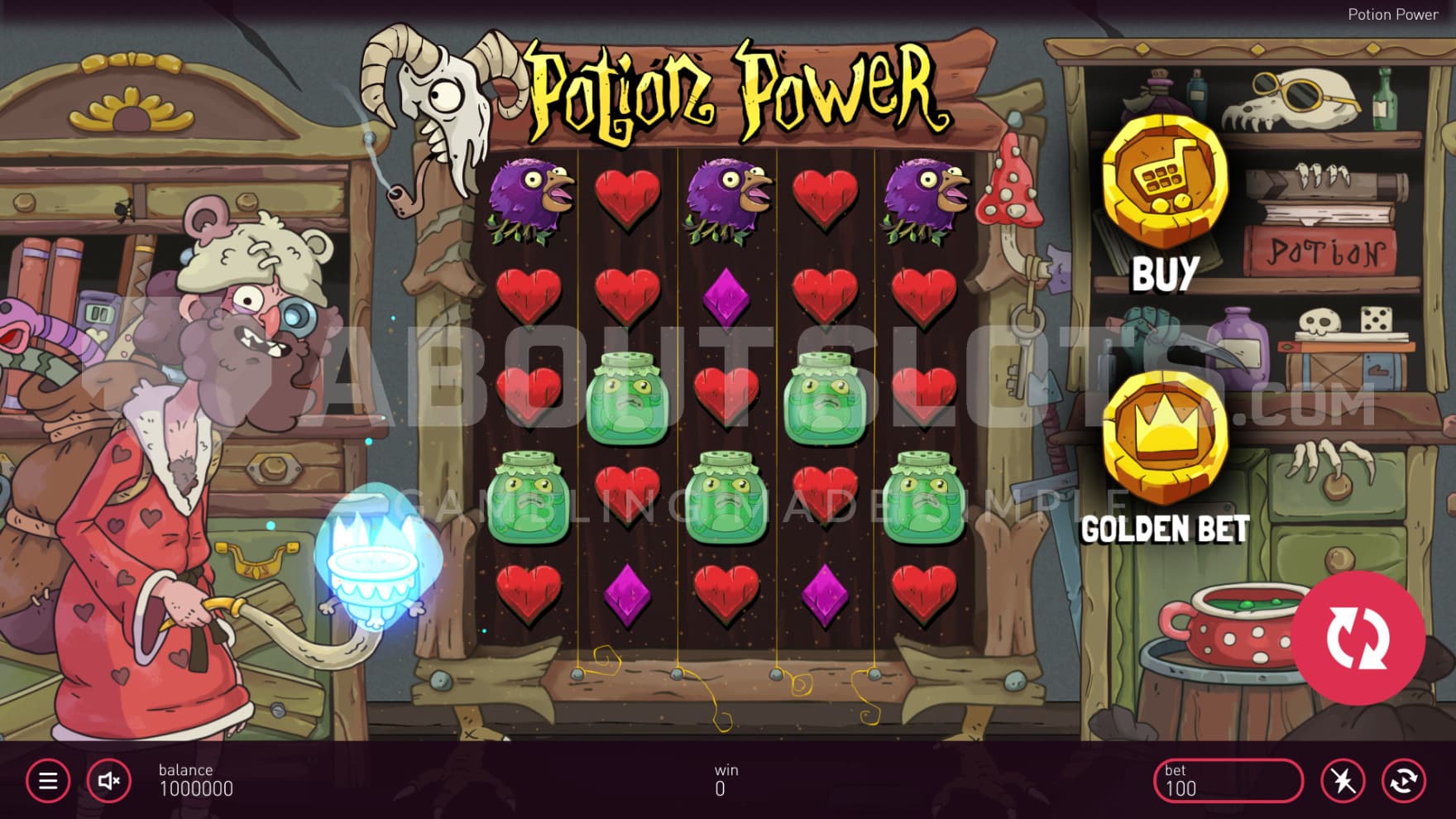 Set inside that small shack with the crazy potion master standing to the left of the reels