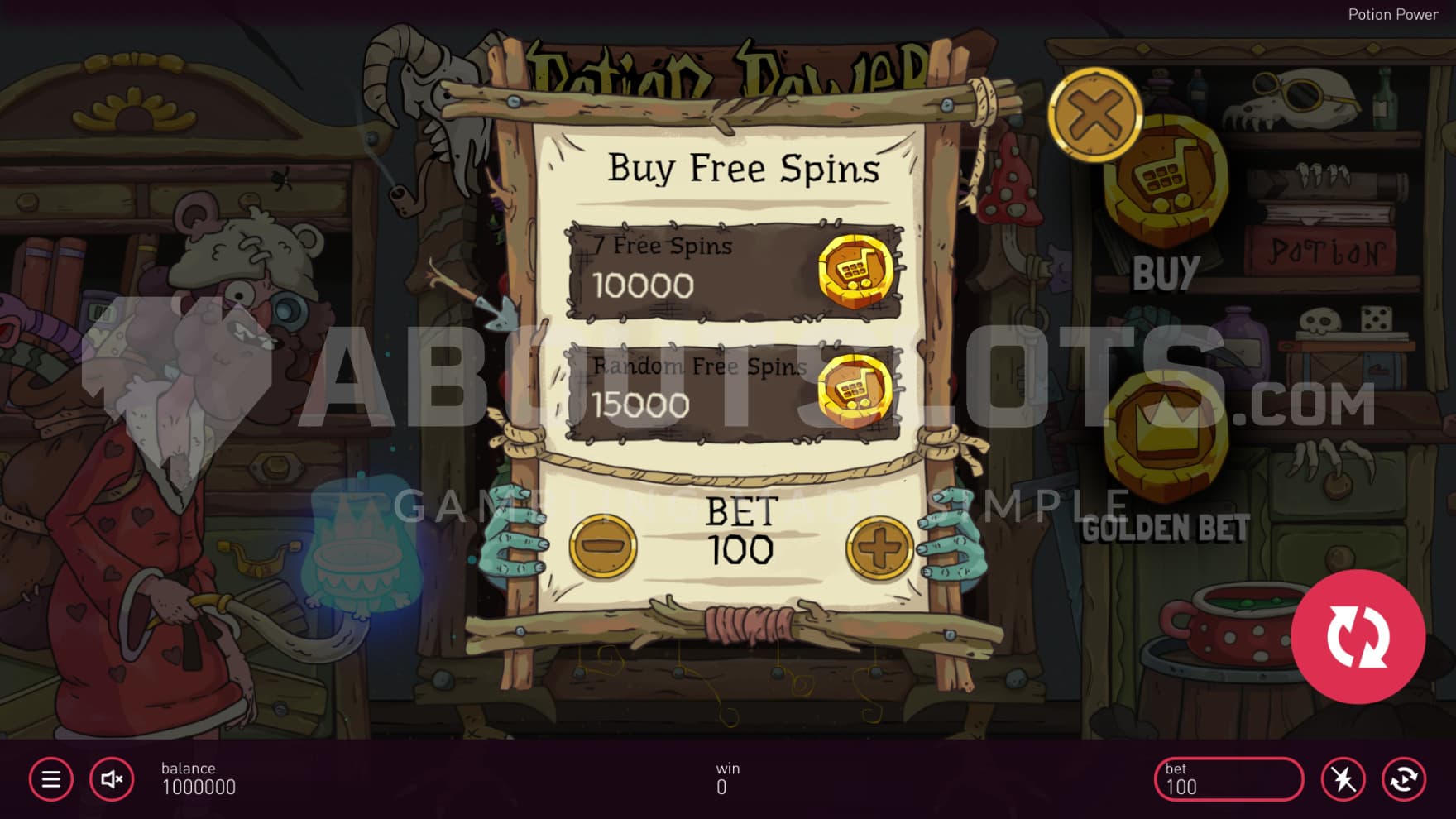 A feature Buy sign hangs infront of the reels with the two bonus game options
