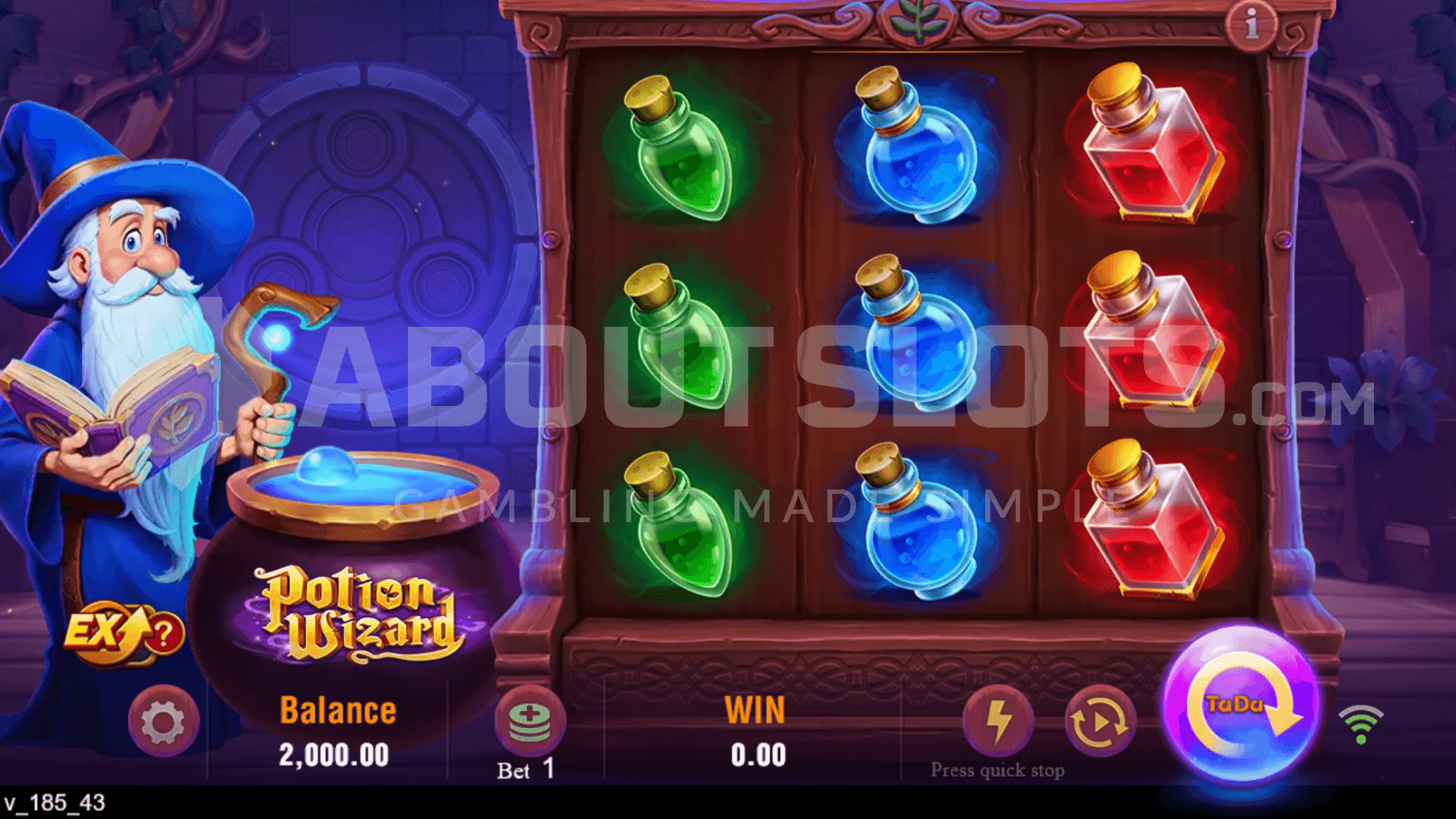 The playing grid is set inside a small cabin with the wizard standing to the left of the reels