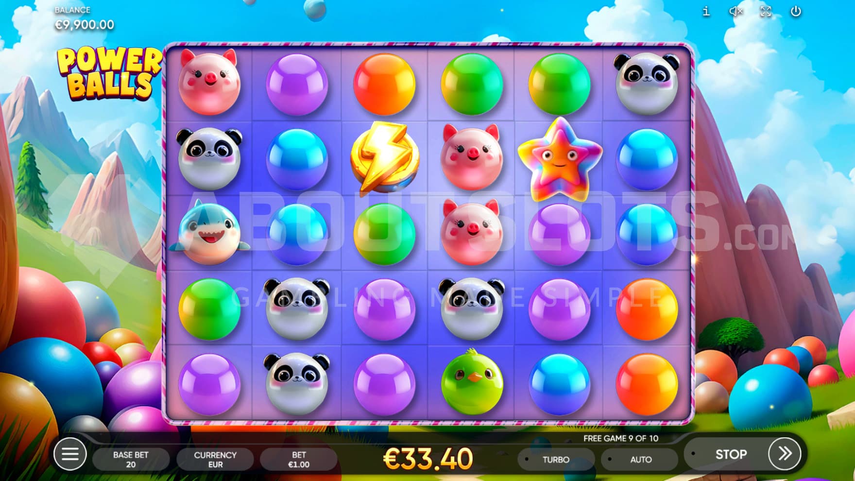 The Free Spins feature active with various animal marbles on the reels