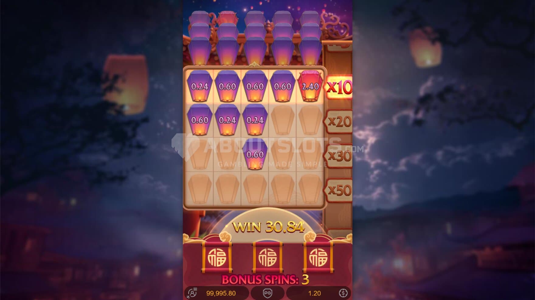 During the bonus game, as laterns fill the row they fly out of the playing grid after cashing out the Multipliers
