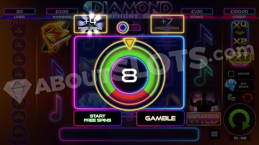 A menu letting the player gamble 8 free spins for the chance to win 4 more.