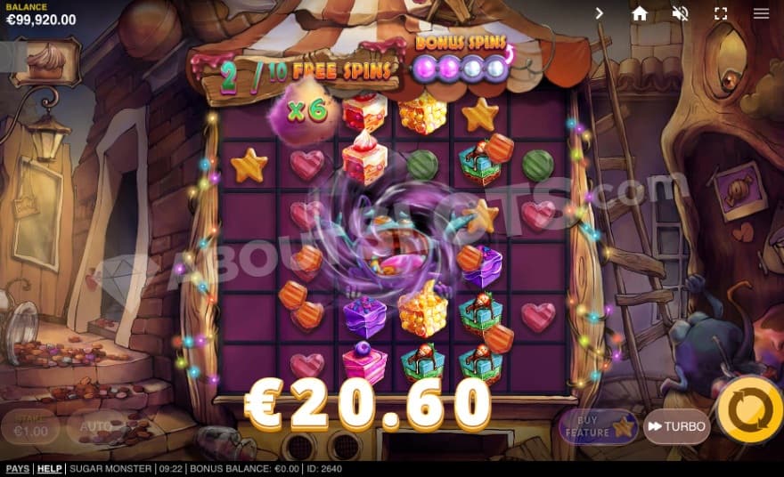 Bonus game with a 2X2 sugar monster wild in the middle.