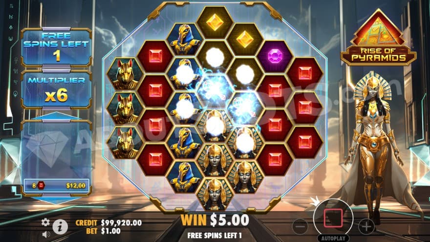 Free Spins bonus game with a 6X win multiplier shown to the left.