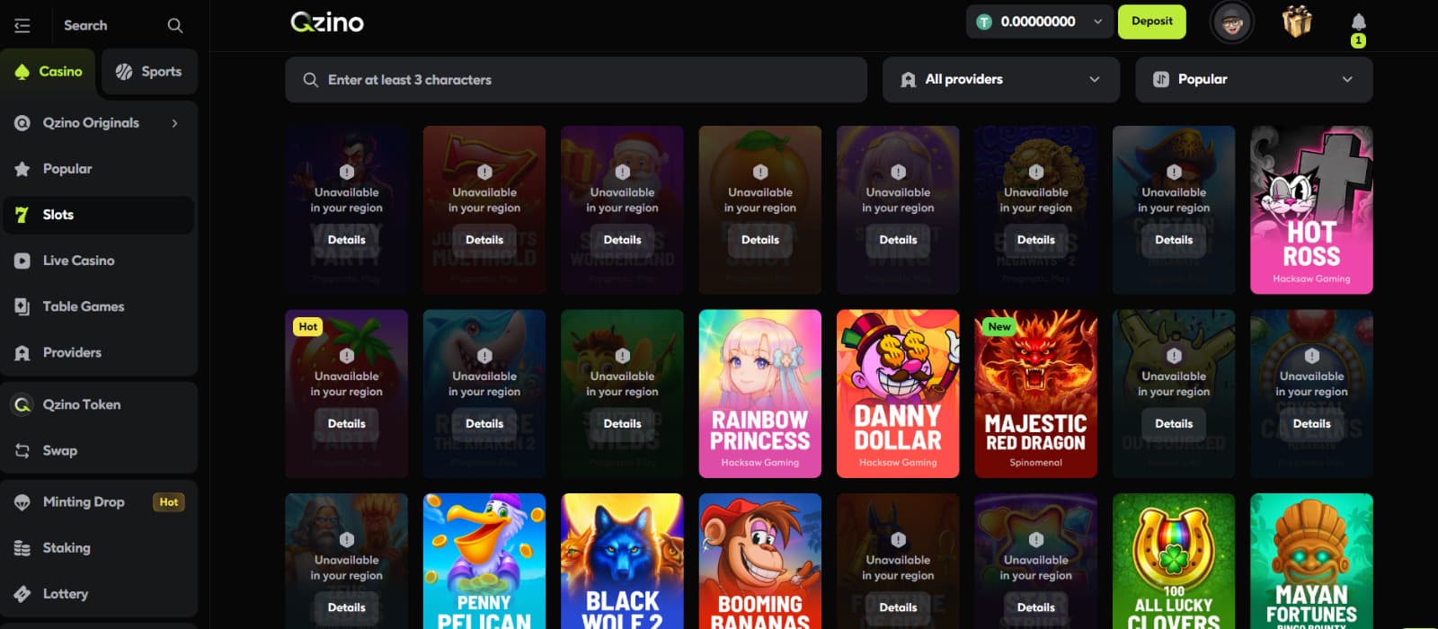 Qzino casino games page showing game grid, provider filter, and unavailable region labels