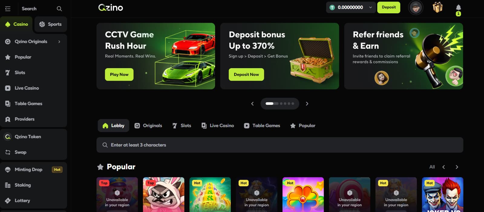 Qzino casino homepage showing bonus banners, game categories, and navigation menu