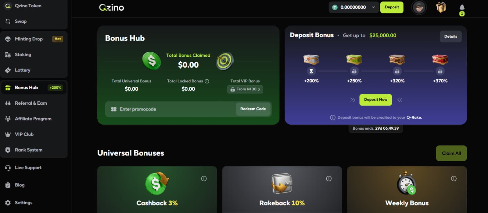 Qzino casino promotions page displaying deposit bonuses, cashback, and rakeback of