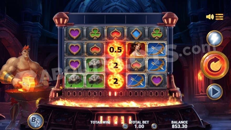 Base game with Hephaestus to the left of the reels.