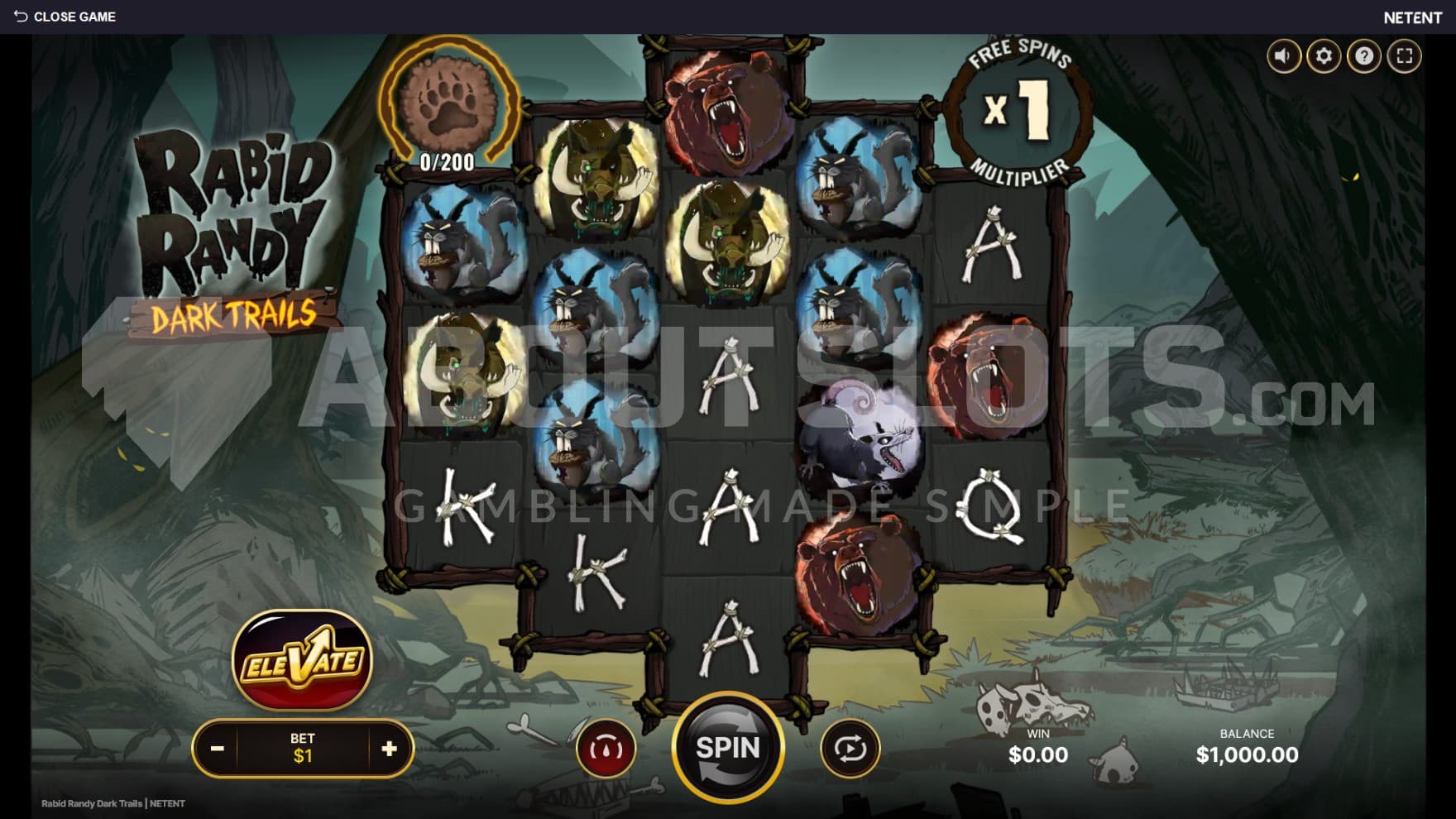 The base game is set in the forest with traps, bones, and other unknown beasts around the reels