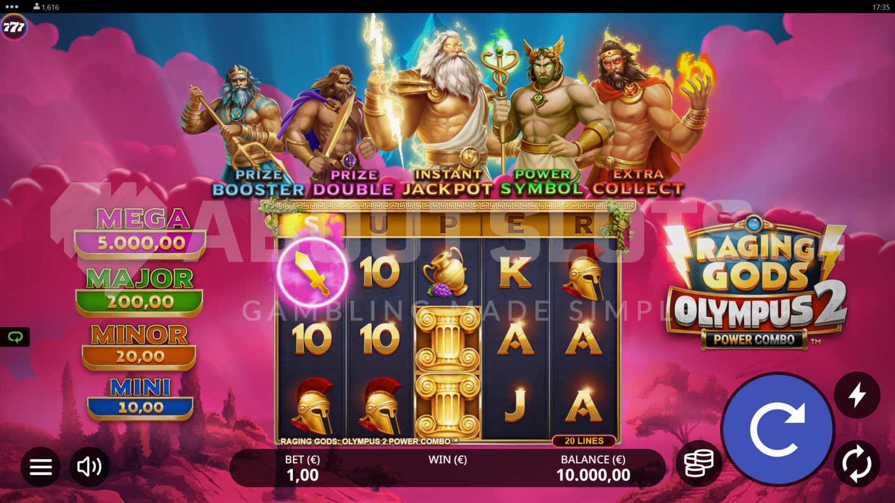 The three gods sit above the playing grid, waiting to trigger the bonus game