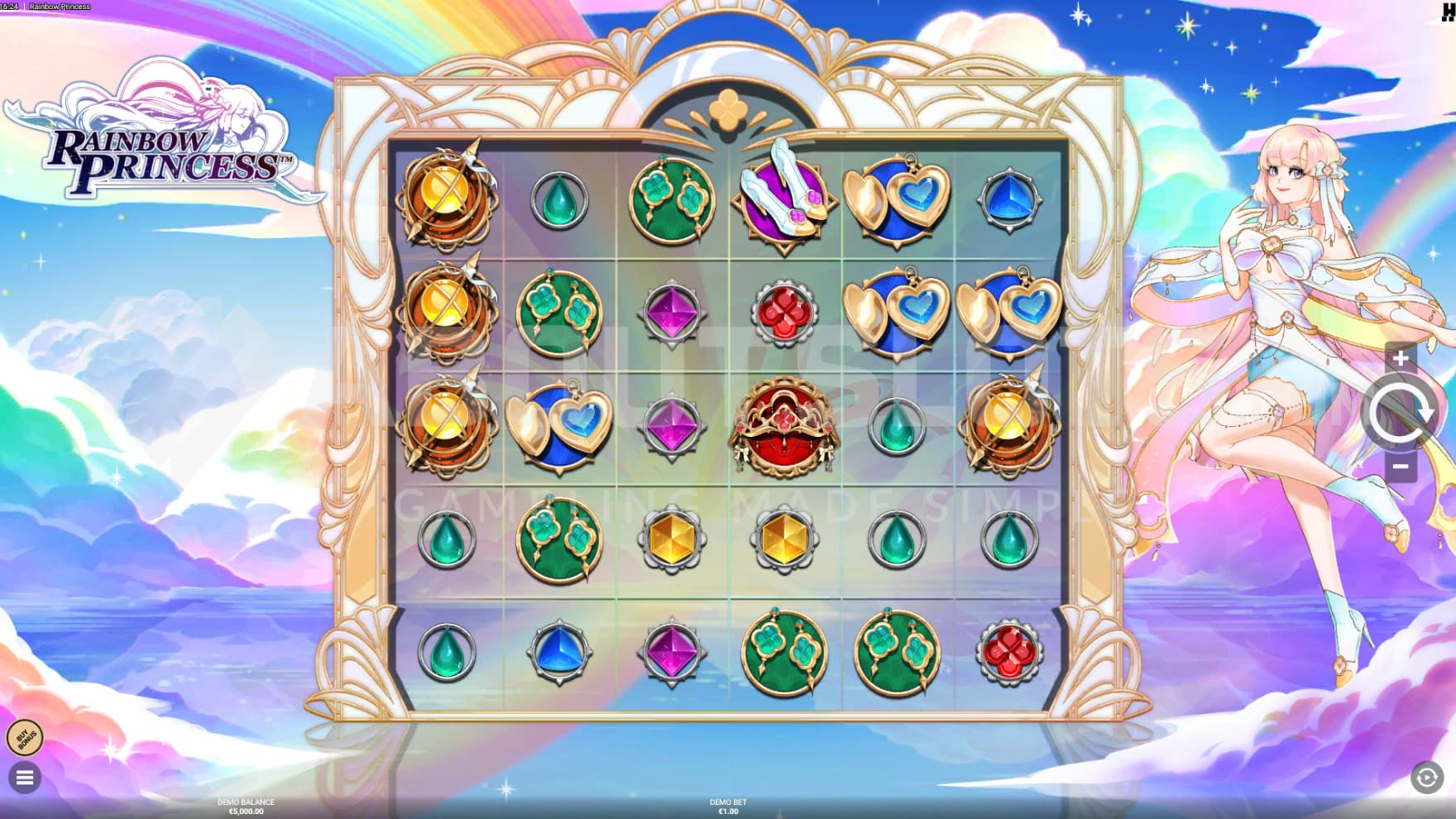 The Rainbow Princess flies next to the reels, granting you bonuses as you play