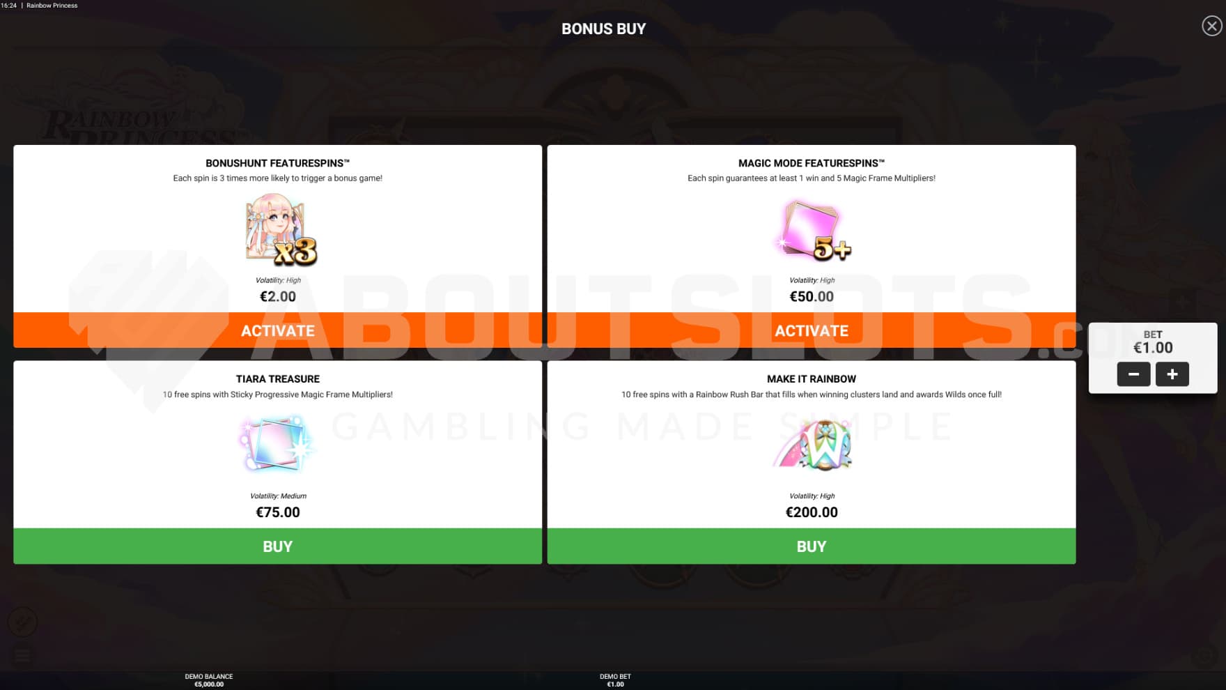 Four different Feature Buy option sits infront of the game