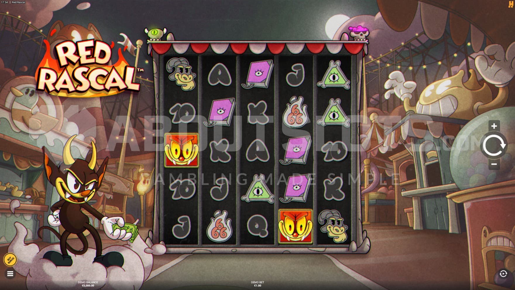 The demonic Rascal stands next to the playing grid, tickets in hand, while you spin away