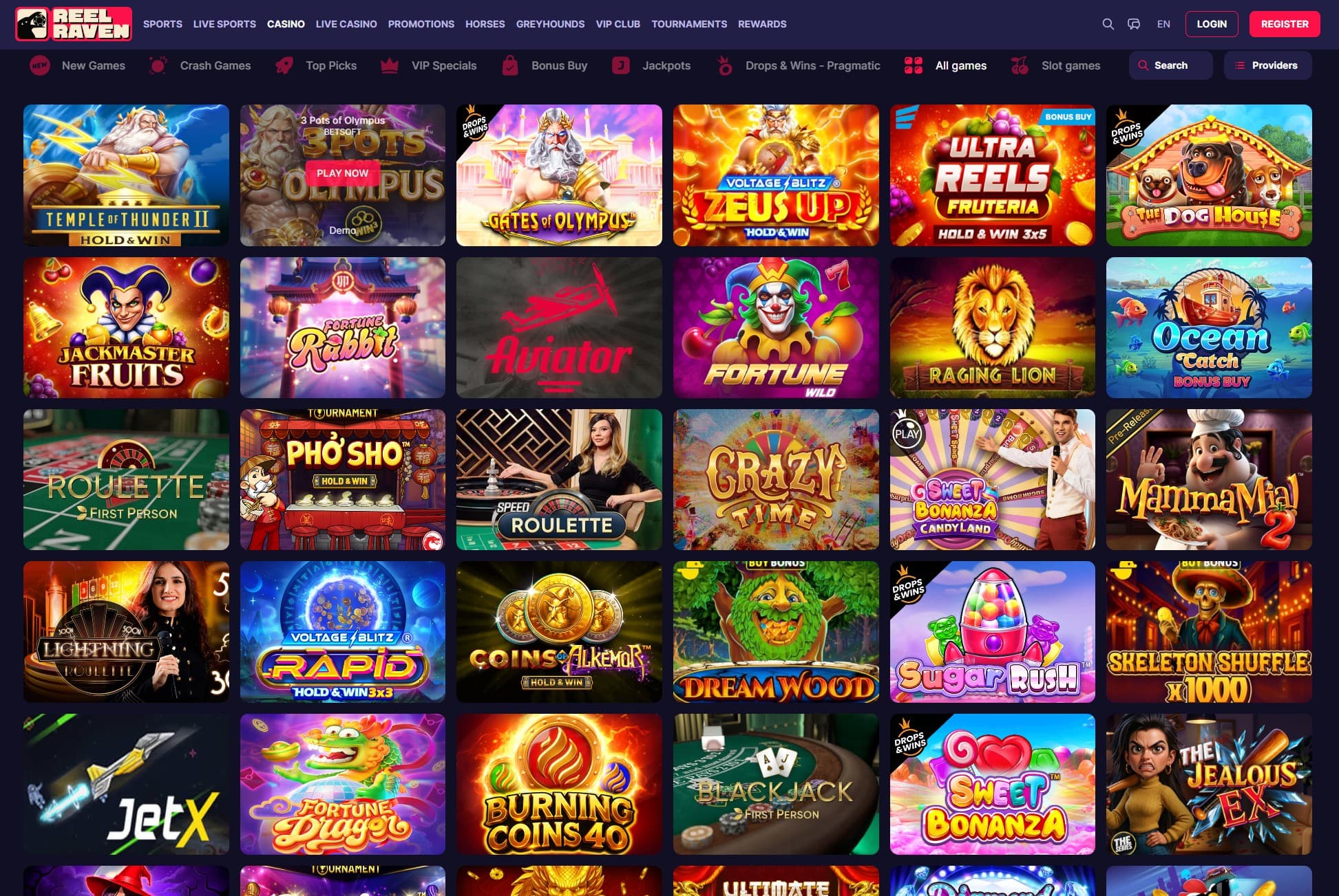 ReelRaven Casino Games Page showing a selection of slots and the game categories on top