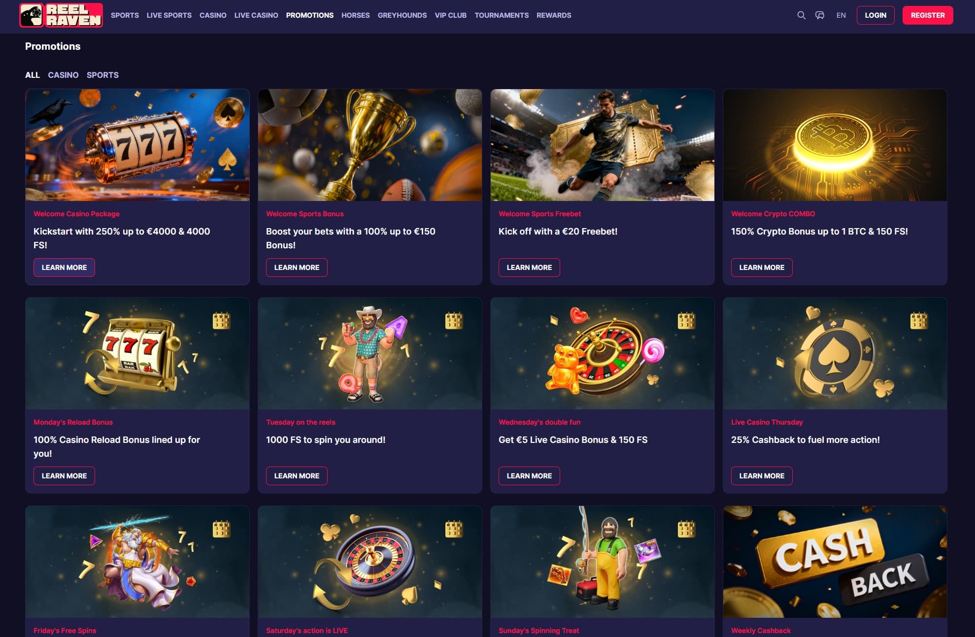 ReelRaven Casino Promotions Page showing the different bonuses and promotions