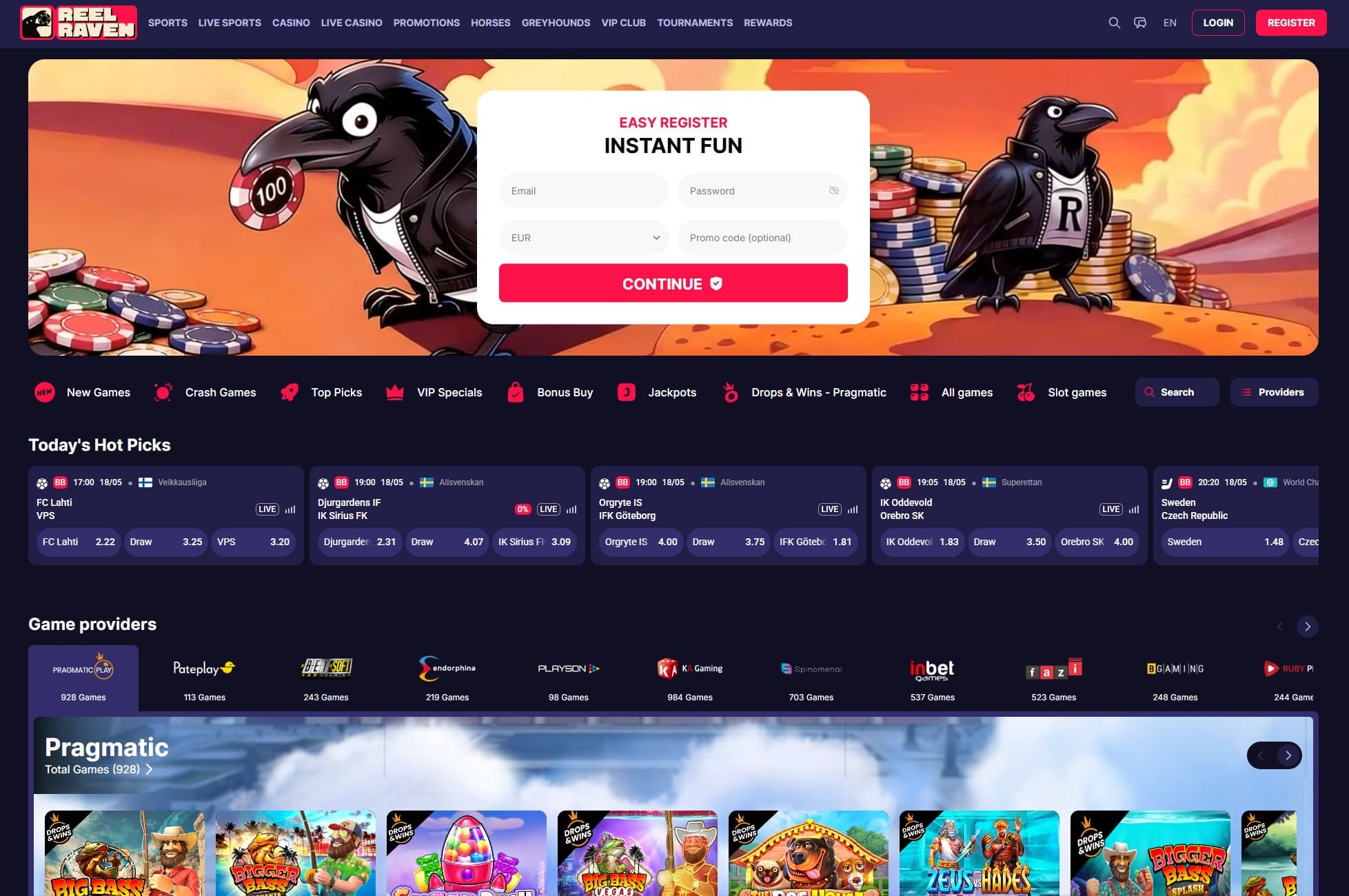 ReelRaven Casino landing page showing the welcome offer and hot picks for betting