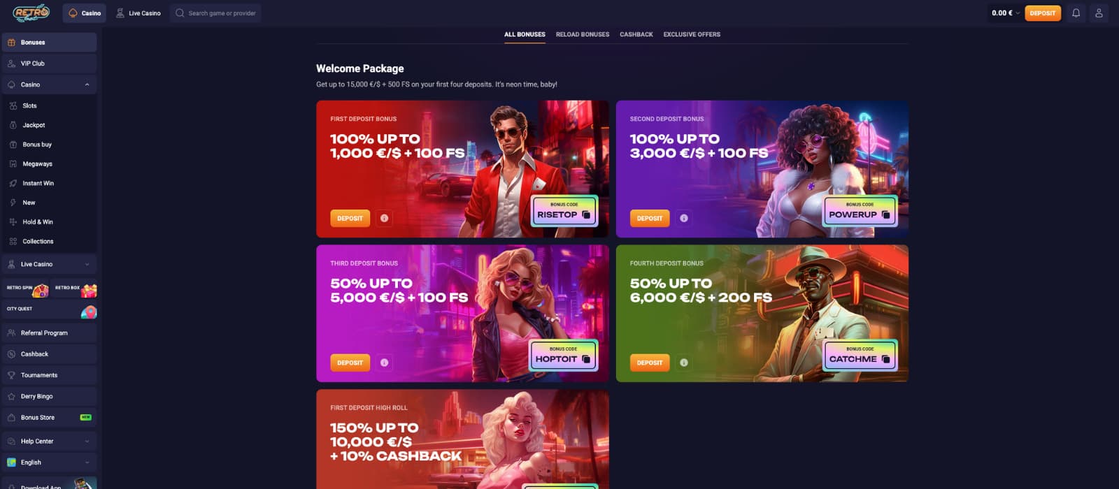 RetroBet Casino showcasing its Welcome Bonus page, highlighting four deposit offers worth up to €/$15,000 and 500 free spins with colorful retro-styled promo banners.