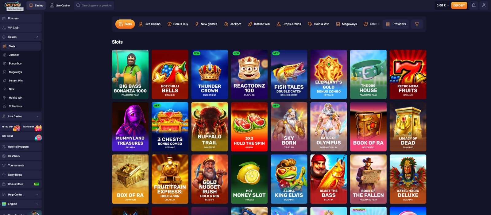 RetroBet Casino displaying its Slots Lobby page, featuring popular titles like Big Bass Bonanza 1000, Book of Ra, and Gates of Olympus in a neon 80s theme layout.