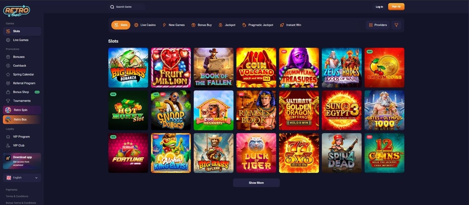 RetroBet games page showing a selection of slot games and the different game categories.