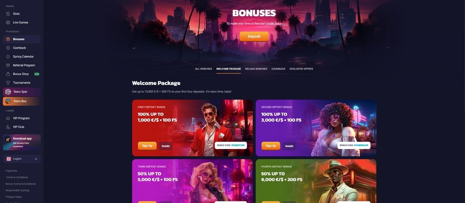 RetroBet promotions page showing the casino welcome bonus package.