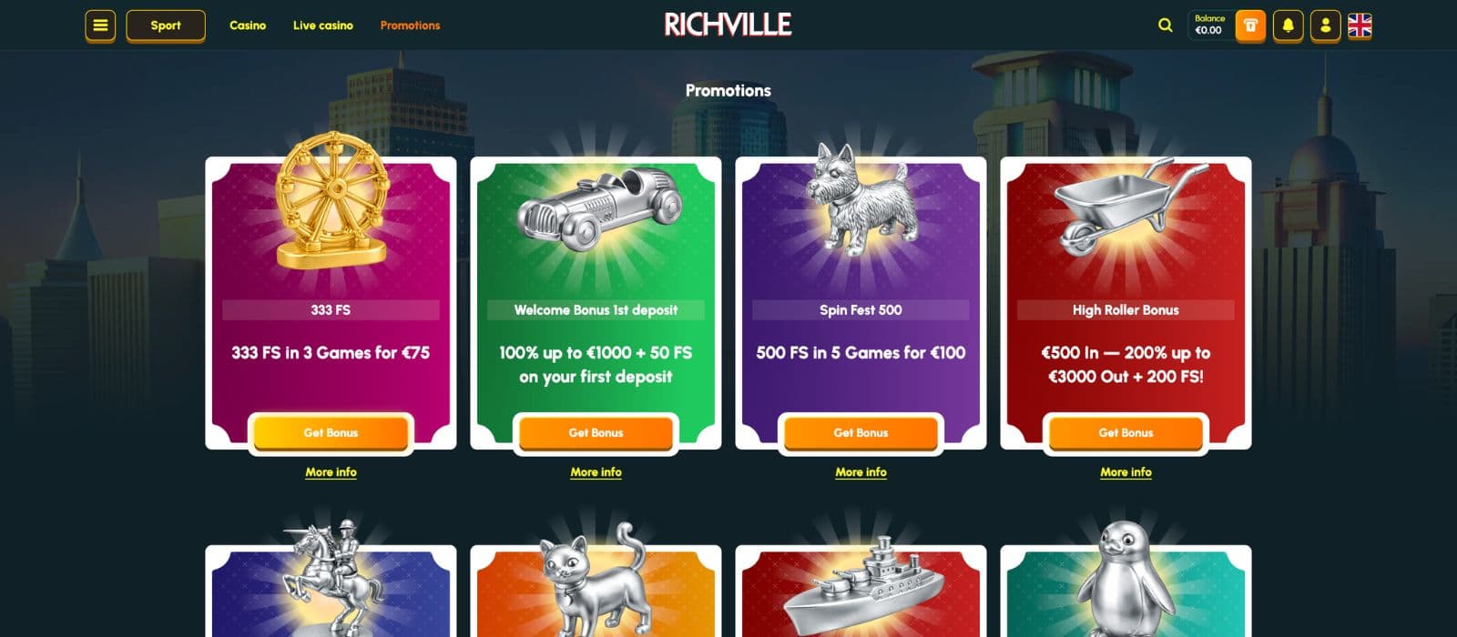 Coins.Game bonus page displaying welcome offers, cashback promotions, free spins, VIP rewards, and ongoing crypto casino promotions in a dark-themed interface.