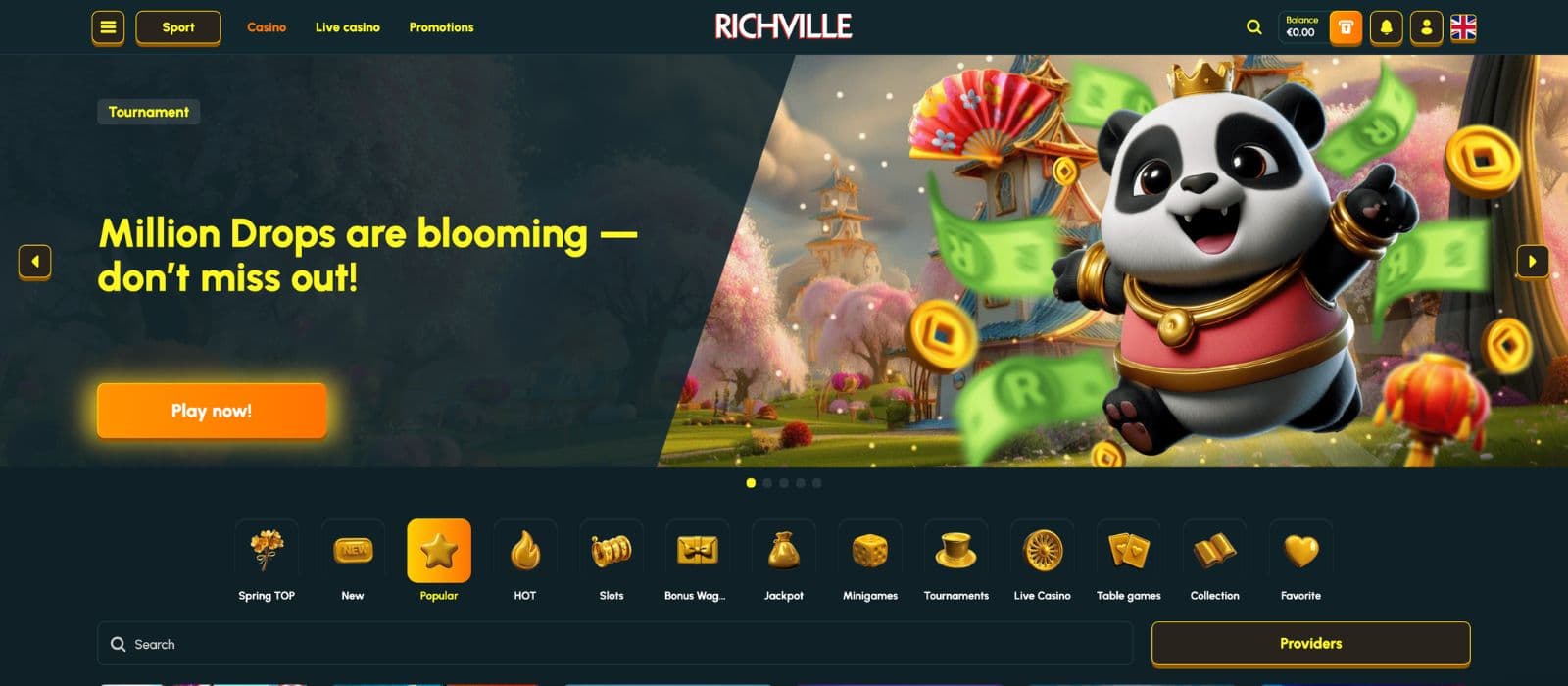 Coins.Game game page showcasing a large selection of slot games and casino titles with colorful thumbnails, provider filters, search tools, and a modern dark-themed layout.
