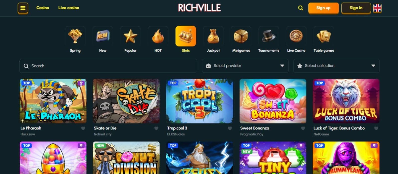 Richville Casino's slot games category, showing classic titles like Sweet Bonanza and other exciting games.